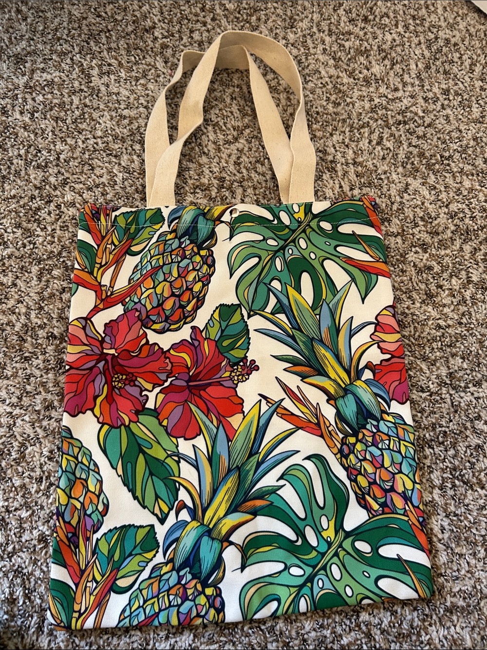 Tropical Pineapple Floral Canvas Tote Bag - Cream